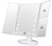 Espejo de maquillaje iluminado con 21 luces LED, fuente de alimentación dual LED de aumento 2X/3X,brillo y ángulo ajustables