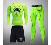 Super Spider Men's Printed Compression Set Long Sleeve Gym Top + Fitness Pants + Athletic Shorts Quick Drying Rash Guard Set