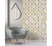 Muestra DIN A4 de Papel pintado lavable geométrico de rombos gris y mostaza estilo nórdico - Nordic Metric 680925 de GAULAN