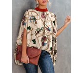 Women's Cape Sleeve Oversize Blouse Tie Closure High Neckline Caftan Body Loose Tops