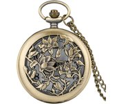 Bronze hollow flower quartz pocket watch necklace pendant vintage sweater chain woman's Christmas gift