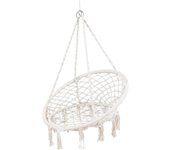 Acomoda Textil – Hamaca Colgante con Flecos de Exterior para Jardín, Terraza y Patio. Sillón Balancín Redondo, Cómodo y Decorativo Blanco, Columpio Moderno y Resistente 60/80x40 cm.