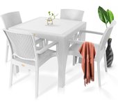 Mesa MIJAS, polipropileno blanco, 90 x 90 cms + 4 SILLAS Mesa de diseño, imitación a rattán, polipropileno de color blanco, 90 x 90 cms. Otros colores y medidas disponibles. Silla y sillón a juego
