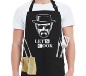 Delantales de cocina divertidos para hombres - Let's Cook - Delantales de cocina divertidos para hombres, negros, para cocinar a la parrilla, para barbacoa, con 2 bolsillos, negros, 26