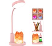 SOMY Lámpara de escritorio para niños, lámpara de mesa con sal del Himalaya, lámpara de noche que cambia automáticamente de color, con portalápices, lámpara de lectura recargable regulable para niños, luz nocturna rosa