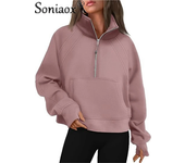Women's Zipper Half Cardigan Splicing Kangaroo Pouch Thickened Sweatshirt Female Autumn Winter Stand-up Collar Hoodie Outerwear
