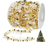 Guirnalda navideña de 16 pies con cuentas doradas para decoración de árboles de Navidad, guirnalda de cuentas iridiscentes y doradas transparentes para decoraciones de árboles de Navidad
