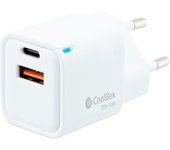 CoolBox Cargador GaN de 20W con USB-C + USB-A para Smartphones, Tablets. Con Carga Rápida QuickCharge 3.0 + PowerDelivery
