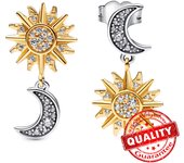 Genuine 925 Sterling Silver Sparkling Huggie Hoop Earrings Sun & Moon Asymmetry Gold Hoop Earrings Women Simple Jewelry Gift