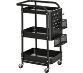 HOMCOM Carrito de Cocina de Acero con Ruedas Carro de Almacenamiento de 3 Niveles 4 Ganchos Asa 2 Cestas Colgantes y Frenos para Baño Salón Dormitorio 51,5x32x75,6 cm