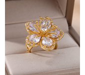 Pink Zircon Flower Rings for Women Gold Color Stainless Steel Ring 2024 Trend Elegant Floral Luxury Aesthetic Jewelry anillos