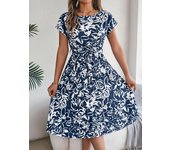 Casual Crew Neck Short Sleeve Floral Print Belted Dress, Women's Clothing