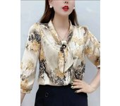 Women Spring Summer Style Chiffon Blouses Shirts Lady Casual Half Sleeve Bow Tie Collar Printed Blouses Tops DF4198