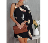 Summer Commuter Women's S-2XL size Dress One Line Diagonal Neck Off Shoulder Solid Color and PrintedMetal Strap Bat Sleeve