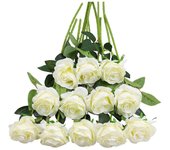 12 rosas artificiales, 19,68'', tallo largo único, rosa falsa de seda, ramo de novia, boda, flor realista para el hogar, jardín, fiesta, hotel, decoración de oficina (blanco)
