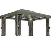 vidaXL Cenador con cortina y tira de luces LED aluminio taupé 4x3 m