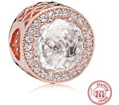 Hot Sale Rose Gold Series Pink Zircon Leaves Heart Pendant Sparkling Clip Bead Fit Pandora Charm Bracelet DIY 925 Silver Jewelry