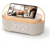 Reloj despertador de radio digital con puerto de carga USB, pantalla LED, luz y soporte para teléfono.