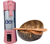 Batidora Portátil USB Rosa + Bowls de Coco Ecológicos con Cucharas – Licuadora Recargable 380ml + Recetas de Smoothie Bowls