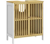 HOMCOM Mueble para Debajo del Lavabo Armario de Baño Bajo Lavabo de Bambú con Puerta Doble y Estante Ajustable Carga 30 kg 60x30x70 cm Natural y Blanco