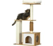 PawHut Rascador para gatos de 114 cm de alto, árbol trepador de varios niveles con cama para gatos, cueva para gatos, muebles para gatos con columna de cosquillas, rascador para gatos de hasta 5 kg, roble