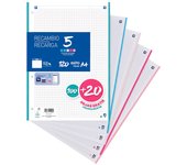 YUNIK HOME- Hojas Cuadriculadas A4 Perforadas Recambio de Archivador,  Formato A4 Cuadrícula 5x5, 4 Taladros Perforadas, 100 Hojas + 20 Gratis, Disponible en 5 Colores de Banda Pastel. Ideal para Archivadores y Carpetas de Anillas.