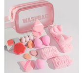 16-piece makeup tool set, including blackhead scraper, bow headband, wrist guard, powder puff, beauty egg, etc. Makeup tools
