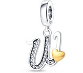Fit Pandora 925 Original Bracelets 925 Silver Color 26 Gold Heart Zircon Letter Charms Beads DIY Creative Birthday Jewelry Gifts