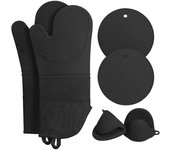 Juego de Manoplas y Soportes para Aceites de Cuerno - Resistentes Al Calor - Miniguantes para Horno y Agarraderas - Almohadillas Calientes - Manoplas Largas Antideslizantes - Grado Alimenticio - Color Negro