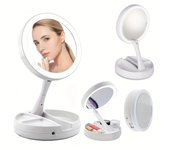 Espejo maquillaje para cuidado facial, con Luz LED, Aumento 1X/10X, Mini Espejo versatil con almacenamiento, de Sobremesa [Plegable y Giratorio], Espejo de Baño Ligero y Compacto para Viajar, Funciona con Pilas y USB
