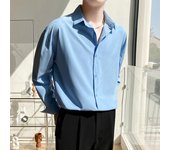 Autumn Men's Long Sleeve Shirts Fashion Korean Baggy No-iron Business Casual Elasticity Lapel Collar Shirt  White Light Blue