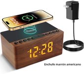ANJANK Wooden Alarm Clock FM Radio,Wireless Charger Station for iPhone/Samsung,5 Level Dimmer,USB Charging,9 Alarming Sounds