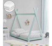 Cama infantil Onejda con colchón de espuma fría- diseño Tipi - pino 70 x140 cm - Verde menta [en.casa]