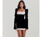 WhereMery French Retro Square-neck Patchwork Dress Elegant Elastic Slim Long Sleeve Backless Dresses Evening Party Vestidos