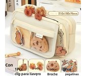 Large Capacity Pencil Bag Capybara Cartoon Stationery Holder Bag With Brooches Stickers Clips Keychains Children Pen Case