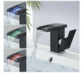 Grifo de baño con diseño de cascada moderno, grifo para fregadero, LED negro, agua fría y caliente duradera, ajustable