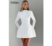 Nibber Elegant Backless Dress Women Button Half High Collar Zipper Solid Long Sleeve Autumn Casual Street Trend Mini Bodycon