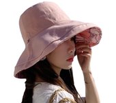 Mujer Sombrero de pescador de doble cara de verano Anti-UV Protección solar Sombrero de pesca de ala ancha Sombrero de playa de viaje plegable, Rosa