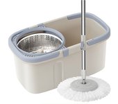 fregona retráctil giratoria de 360 ° con cubo, mopa redonda de acero inoxidable de Doble accionamiento, Herramientas de limpieza automática para el hogar en seco y húmedo, 2 recambios