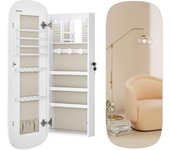 SONGMICS Armario para Joyas, Espejo Joyero de Pared, Organizador con Luz LED y Cerradura, Varios Compartimentos, para Pendiente, Collar, Superficie Blanca y Forro Gris Beige