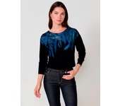 Koroshi Camiseta negra de manga larga con estampado de plumas y detalles foil en escote y hombros para mujer