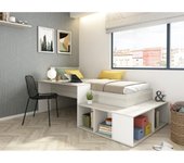Vente-unique - Cama compacta 90 x 200 cm con almacenamiento y escritorio - Color: Natural y blanco + Colchón + Somier - RIGALI