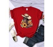 Cartoons Women T-Shirts Cowboy Riding Boots & Sunflowers Printed Tees O-Neck Comfortable Soft Short Sleeve Summer Female Clothes