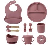 Vajilla de Bebé Silicona, 10 piezas Juegos de vajilla infantil, Cubiertos con plato ventosa, Plato Bebe Ventosa,Tenedor con mango de madera, bebe de silicona, Babero Set vajilla silicona bebe
