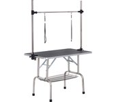 PawHut Mesa de Peluquería para Mascotas Mesa de Aseo Plegable con Estante de Almacenamiento Estructura Acero Altura Ajustable 20-80 cm 107x60x170 cm Negro