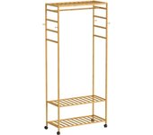 Armario Abierto con Ruedas, Perchero Burro de Madera Bambú Perchero de Pie con 2 Estantes y 4 Ganchos para Ropa Zapatos Bolsas para Dormitorio Entrada Salon 78 x 41 x 169 cm