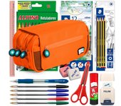 ColePack BitsBobs - Estuche Triple de 3 Cremalleras con Material Escolar Incluido. Naranja