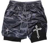Men's cross printed 2-in-1 training shorts with compression lining, Christian gym sports shorts, phone pocket, towel buckle, run
