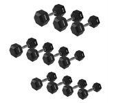 SET MANCUERNAS HEXAGONALES DE ACERO Y GOMA PROFESIONALES HMS 144KG KG CON/SIN SOPORTE