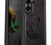 Funda magnética de madera para Galaxy S25+ y Samsung S25 Plus, carcasa de TPU a prueba de golpes con grabado de madera, compatible con cargadores inalámbricos MagSafe (La Parca Tallada) Blackwood